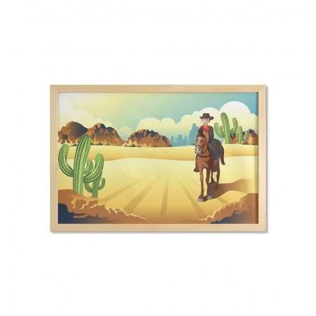 Western Horse Wall Art with Frame, Country Themed Clipart Illustration Cowboy Riding in Desert Wild West, Printed Fabric Poster