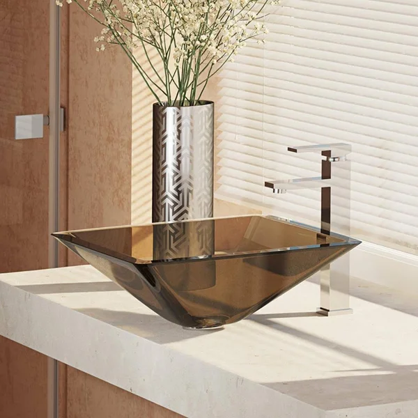 Rene R5-5003-CAS-R9-7003 16-1/2x22 Glass Vessel Bathroom Sink with Vessel Faucet Cashmere - Chrome