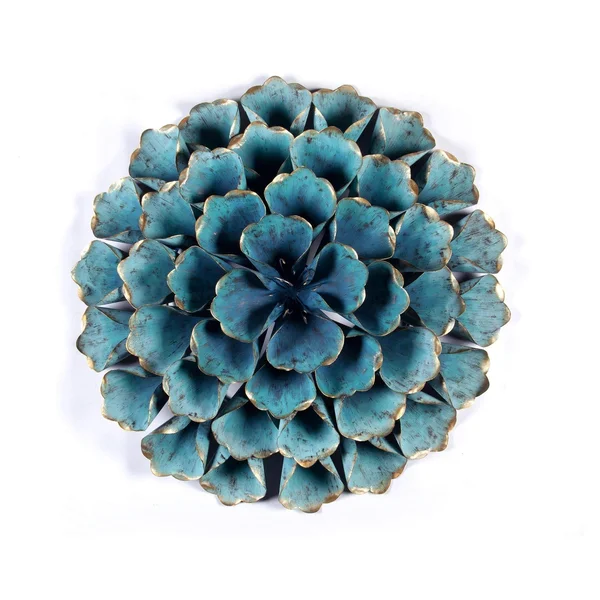 Distressed Teal Blue Metal Flowered Wall Art 3D Hanging Flower Sculpture Metallic Gold Accents Living Room Bedroom Home Decor - 2