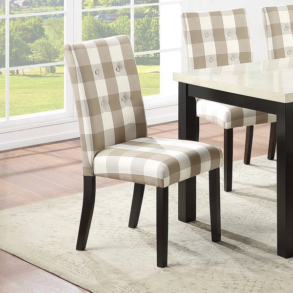 Beige Grid Patterned Fabric Upholstered Side Chairs - Set of 2