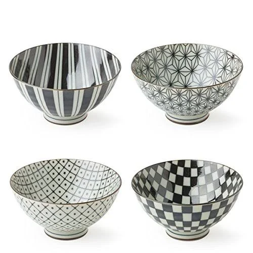 Homelux Japanese Retro Black & White 4.5x22 Rice Bowl Set of 4