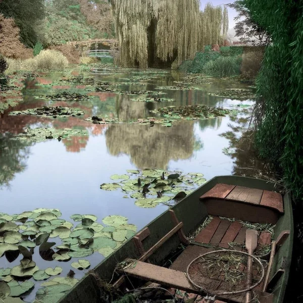Easy Art Prints Alan Blaustein's 'Giverny Boat #1' Premium Canvas Art - 12 x 12 - Modern Black Frame
