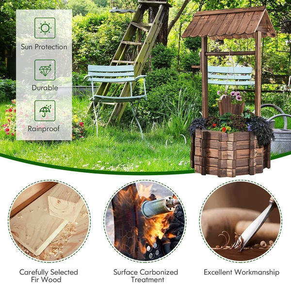 Costway Outdoor Wooden Wishing Well Bucket Flower Plants Planter Patio Garden Home Decor