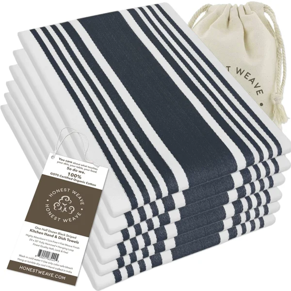 Honest Weave GOTS Certified Organic Cotton Kitchen Hand and Dish Towel Sets - Oversized 20x30 Inches - Fully Hemmed, in Designer