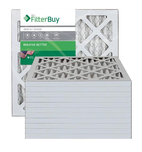 AFB Silver MERV 8 12x15x1 Pleated AC Furnace Air Filter. Pack of 12 Filters. 100% produced in The USA.