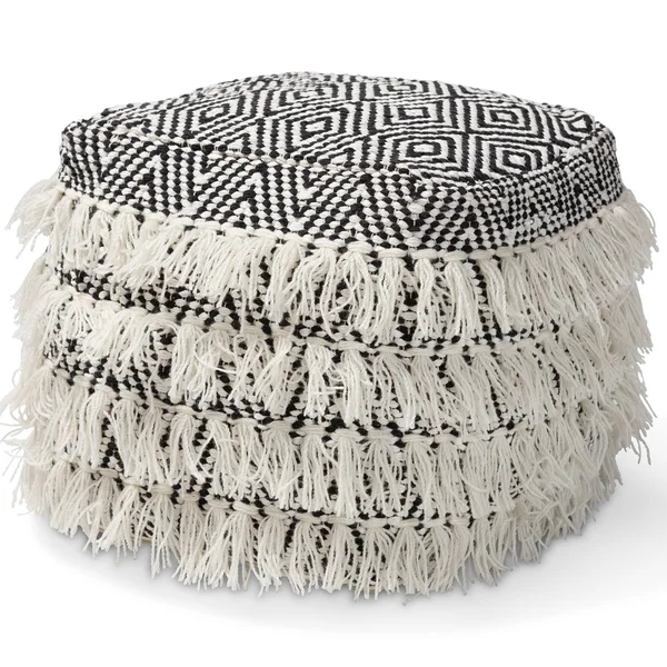 Baxton Studio Alain Moroccan Inspired Black and Ivory Handwoven Wool Tassel Pouf Ottoman