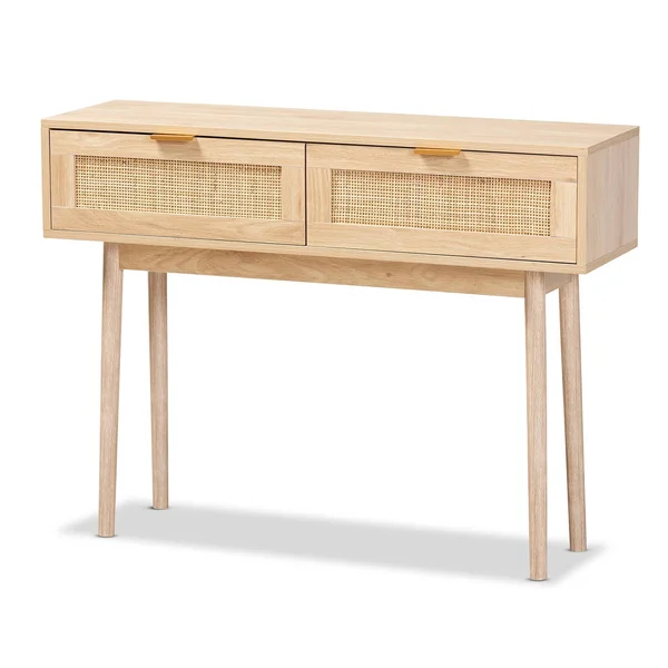 Baxton Studio Baird Mid-Century Modern Finished Wood and Rattan 2-Drawer Console Table Light Oak Brown