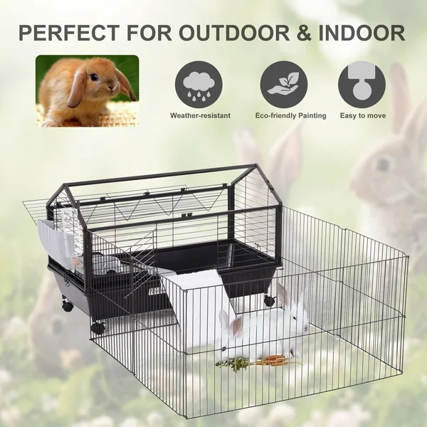 PawHut Rolling Metal Rabbit - Guinea Pig, or Small Animal Hutch Cage with Main House and Run