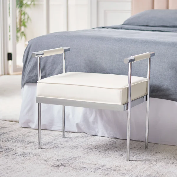 Safavieh Pim Small Rectangle Bench w/ Arms - White, Chrome