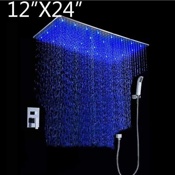 12x22x24x22 Rainfall LED Shower Set Double-Function Valve, Brass Handheld Shower Brushed Stainless Steel, 12 x 24 x 0.4 inches