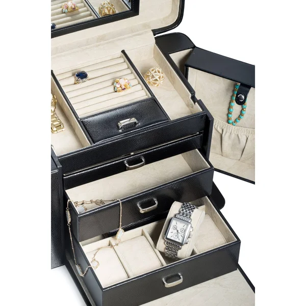 Black Lizard Textured Leather 4-Level Jewelry Case - 12.5 inches x 7.5 inches x 9.5 inches