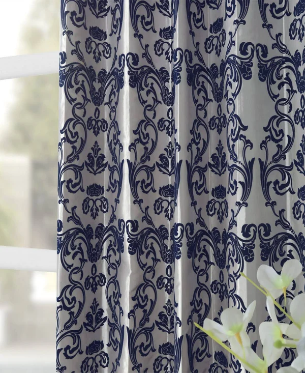 Exclusive Fabrics Firenze Silver & Blue Flocked Faux Silk Curtain - 84 Inches