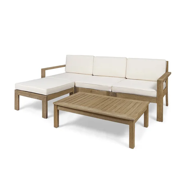 Isabella Ana Outdoor 3 Seater Acacia Wood Sofa Sectional with Cushions (Wire Brushed Light Gray Wash - Dark Teal)
