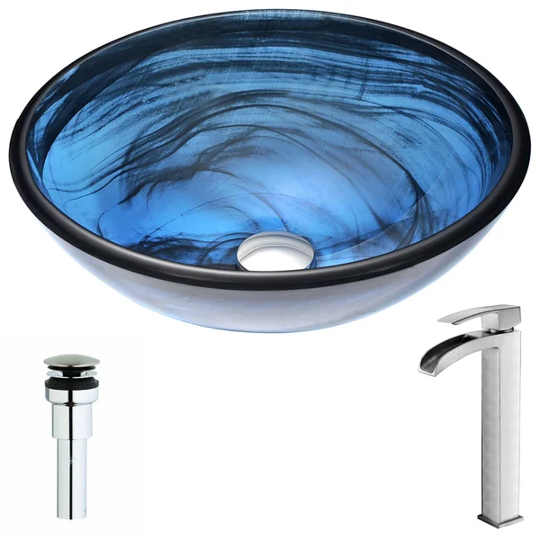 Anzzi LSAZ048-097B Soave Series Deco-Glass Vessel Sink Sapphire Wisp with Key Faucet Brushed Nickel