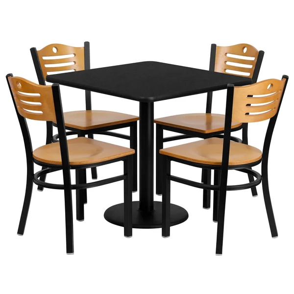 Flash Furniture 30&& Square Black Laminate Table Set with 4 Wood Slat Back Metal Chairs - Natural Wood Seat