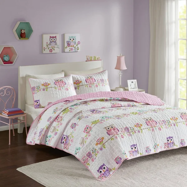 Comfort Spaces - Howdy Hoots Kids Bedspread Mini Quilt Set - 3 Piece - Pink White - Teens/Girls - Owl Print - Queen size, Includ