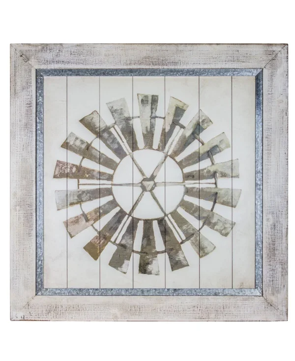 American Art Decor Whitewashed Windmill Print on Planked Wood
