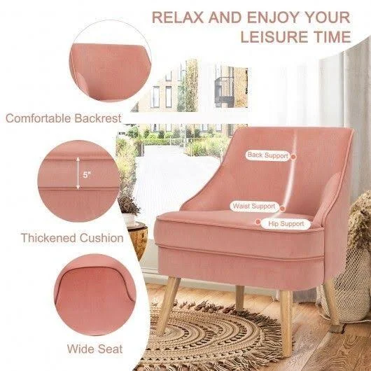 Velvet Upholstered Accent Chair with Rubber Wood Legs-Pink - Costway
