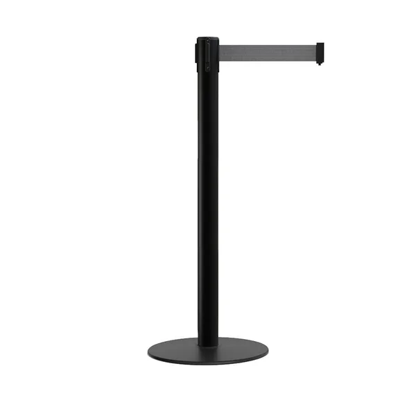Retractable Belt Barrier Stanchion, Low Profile Steel Base, Black Post, 7.5ft. Belt - Montour Line MX630 by Crowd Control Wareho