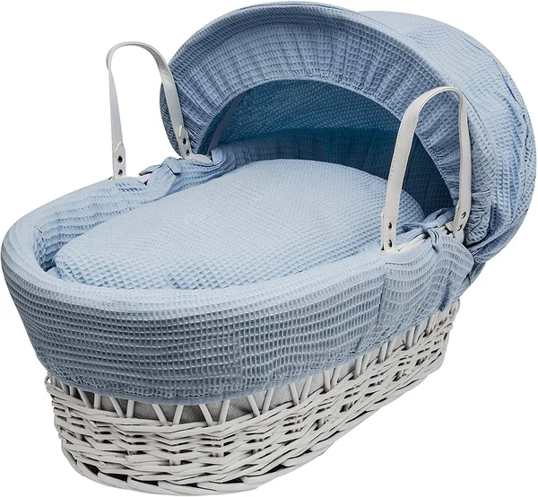 Kinder Valley Blue Waffle - White Wicker Moses Basket