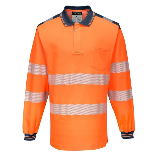 Portwest PW3 Hi-Vis Polo Shirt Long Sleeve T184, Orange/Navy, L