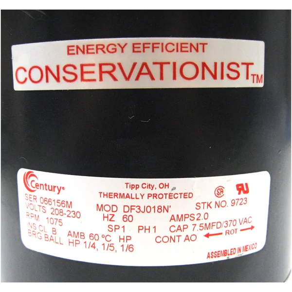 Century 9723 Condenser Fan Motor, 1/6to1/4HP, 1075 RPM