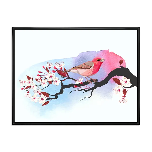 Designart 'Pink Bird on Cherry Branch' Traditional Framed Canvas Wall Art Print - 20 in. Wide x 12 in. High - White