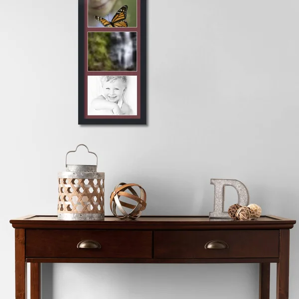 Collage Picture Frame - Satin Black Frame with 3 openings for 8x10 Photos with Red Maple Leaf Mat. D3926CV2156, ArtToFrames