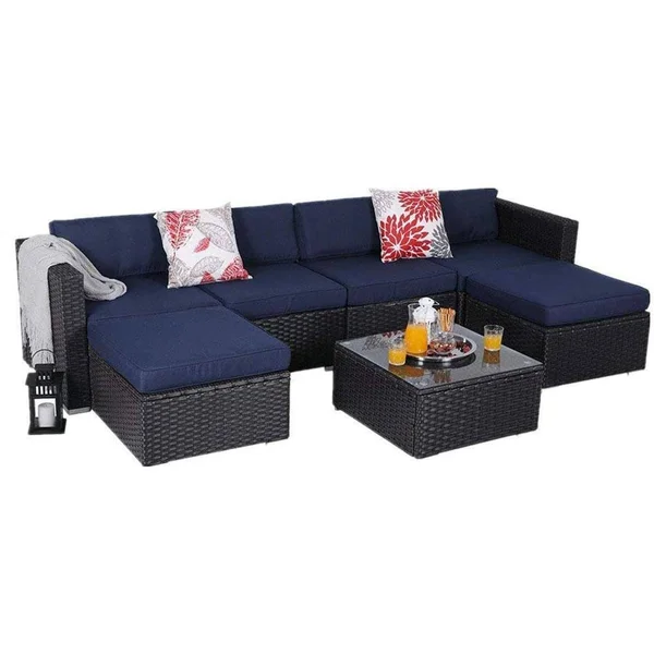 Phi Villa 7-Piece All Weather Patio Rattan Sofa Set Blue