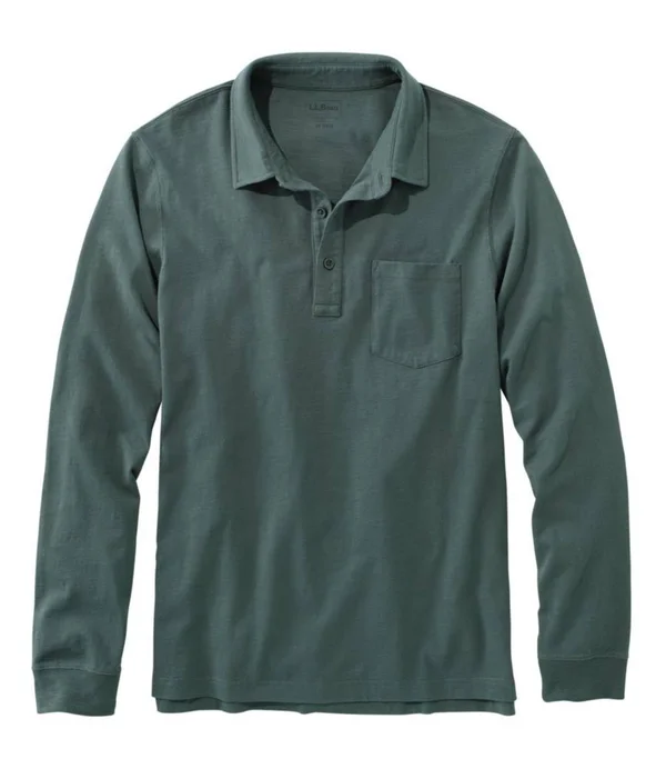 Men's Tall Lakewashed Organic Cotton Polo with Pocket, Long-Sleeve Green Medium, L.L.Bean