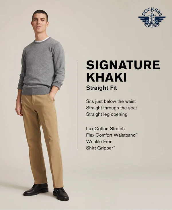Dockers Men's Signature Lux Cotton Straight Fit Creased Stretch Khaki Pants - Timber Wolf