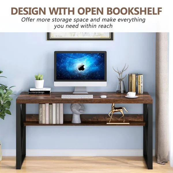 Faux Wood Computer Desk with Shelf, 55 inch Study Writing Table Workstation, Rustic Brown