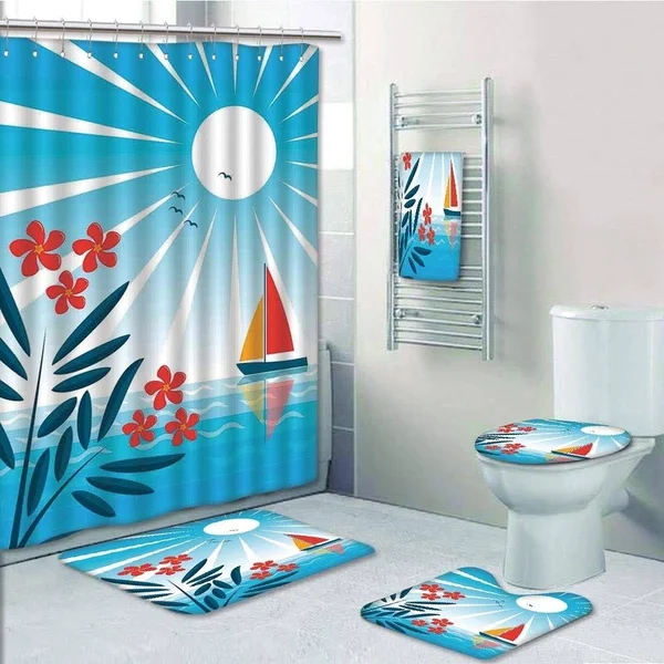 Nautical Oleanders Sailing Boat in The Sea Sunny Day Gulls Positive Life 5 Pcs Bath Curtain Towel Rug Contour Mat Toilet Lid Cov