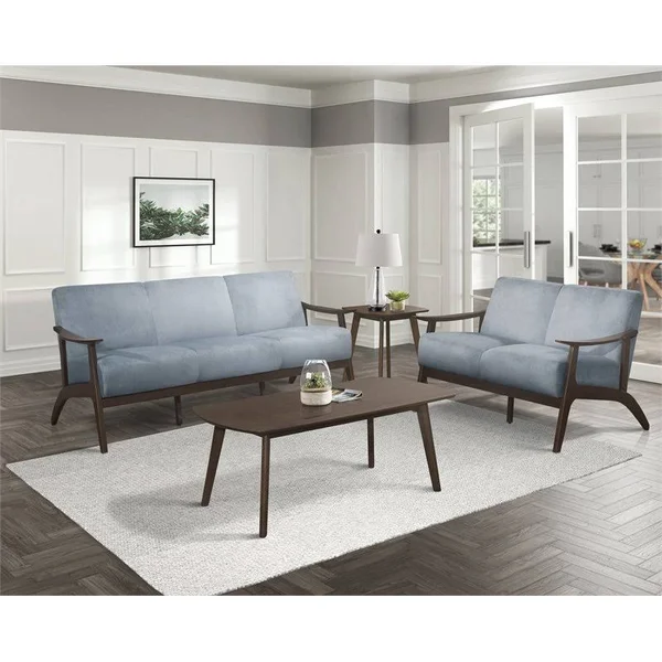 Pemberly Row Velvet Upholstered Loveseat in Blue Gray and Dark Walnut