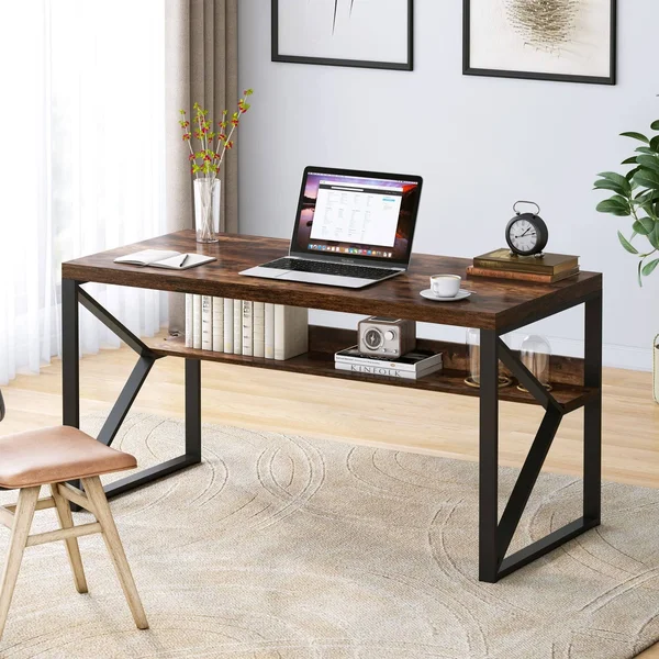 Faux Wood Computer Desk with Shelf, 55 inch Study Writing Table Workstation, Rustic Brown