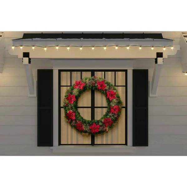 Home Holiday Accent 48 in. Burgundy Poinsettia Mixed Pine Wreath with Berries - Gold Glitter Cedar