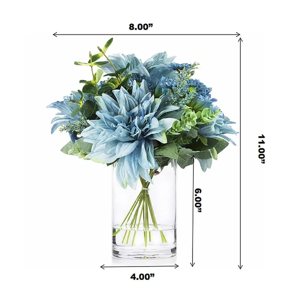 Enova Home Mixed Artificial Dahlia Flower and Eucalyptus Grass Arrangement in Clear Glass Vase with Faux Water (Blue)