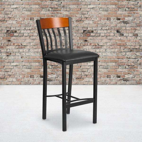 Emma and Oliver Vertical Back Metal & Cherry Wood Barstool with Vinyl Seat