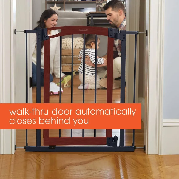 Summer Essex Craft Safety Baby Gate, Solid Wood Cherry Stain Arched Doorway with Charcoal Gray Metal Frame – 30” Tall, Fits open