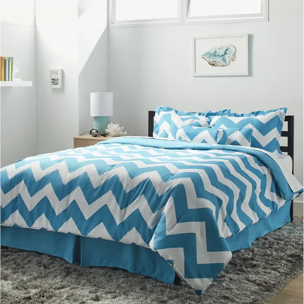 LCM Home Fashions 7-Piece Beige Chevron Comforter Set Blue/White King
