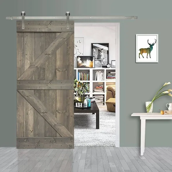 CALHOME K Series 30 in. x 84 in. Solid Weather Gray Stained Knotty Pine Wood Interior Sliding Barn Door with Hardware Kit
