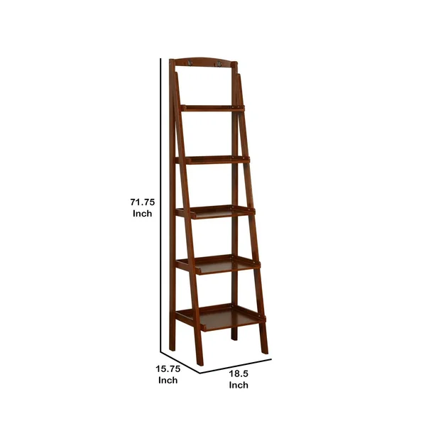 Benjara 72 Inches 5 Tier Wooden Ladder Bookcase with 2 Hooks, Brown