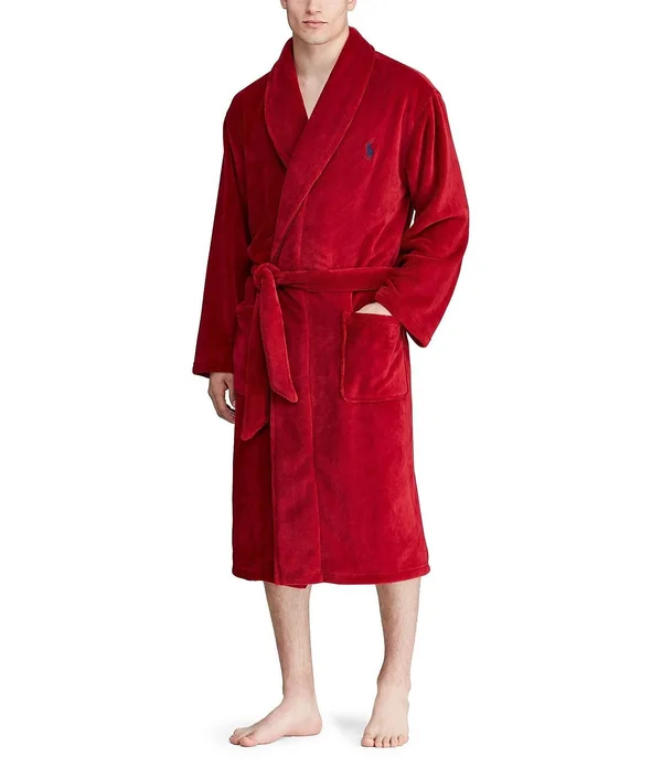 Polo Ralph Lauren Men's Microfiber Plush Shawl Collar Robe - Eaton Red, L/XL
