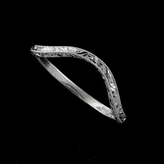 Deep Curved Ring - Vintage Style Wedding Ring, Contour Wedding Band, Engraved Thin Band, Delicate 1.6mm 14K Gold Nickel Free Gold