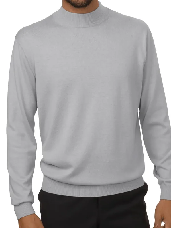 Men's Sweater - Classic Fit in Light Grey Long Sleeve Silk Cotton and Cashmere, Paul Fredrick