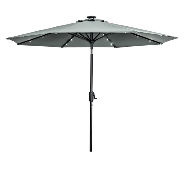 Sun Ray - 9' Round 8Rib Solar Lighted Umbrella - Grey
