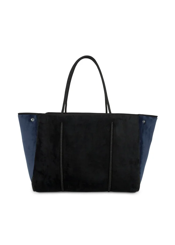 Haute Shore Greyson Plush Tote Purse Black Velvet - Navy Sides Bag