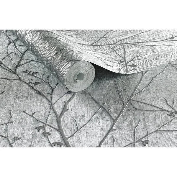 Graham & Brown Water Silk Sprig Silver Wallpaper
