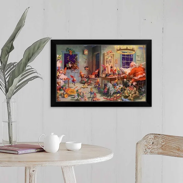 Santa and Elves, Workshop, Black Framed Wall Art, 24x16, Great Big Canvas