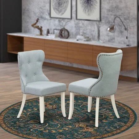 East West Furniture SIP2T15 Parson Dining Room Chair Includes White Solid Wood Structure with Baby Blue Linen Fabric Seat with N